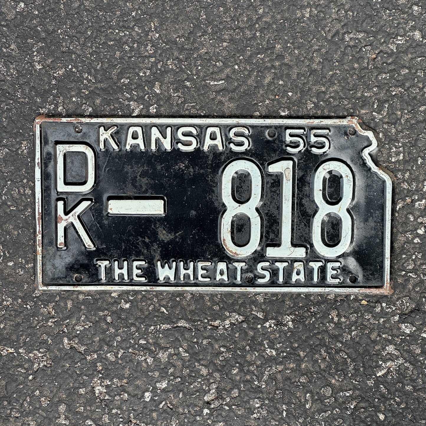 Photo of a 1955 Kansas License Plate Auto Tag Garage Decor Vintage State Shape DK 818 with original patina
