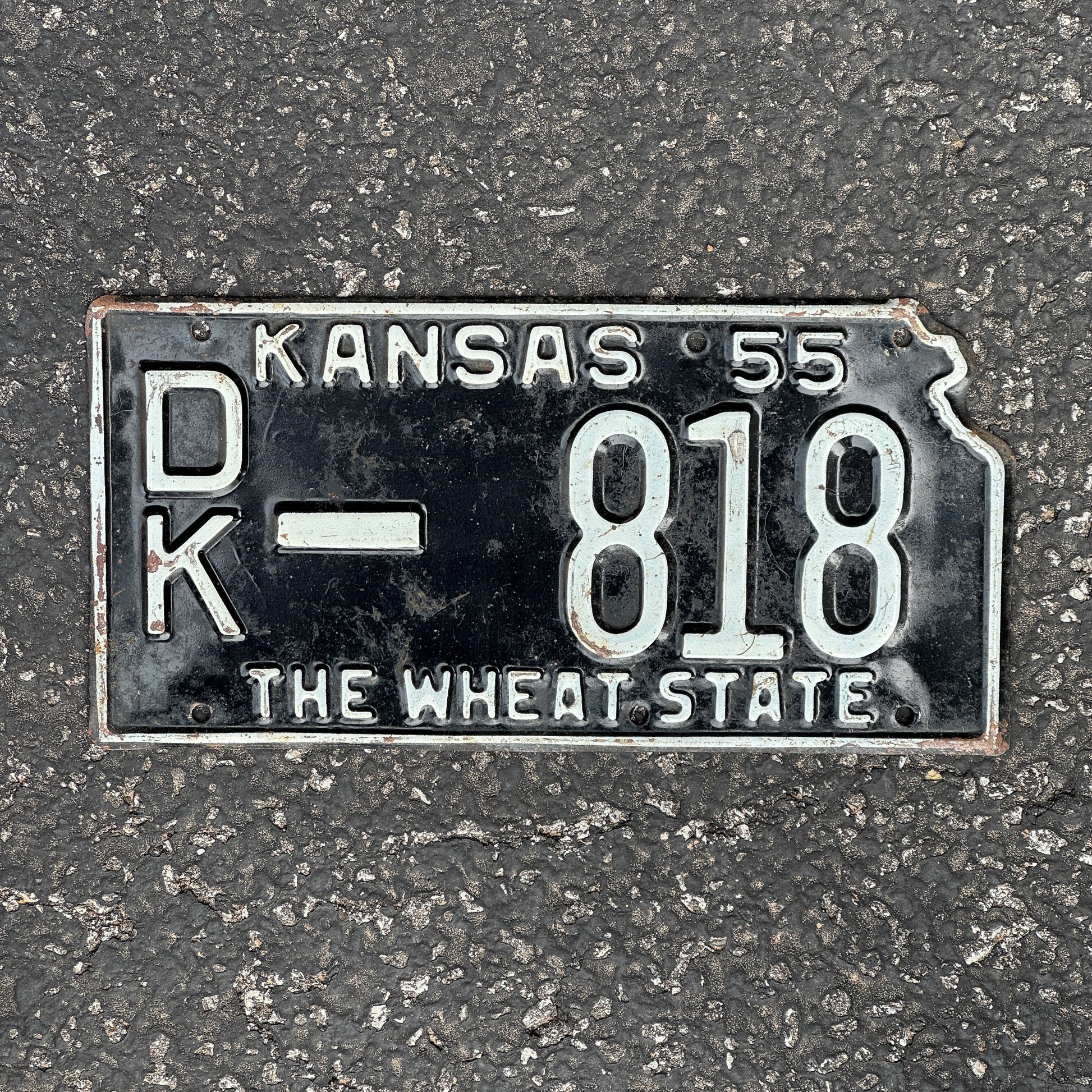 Photo of a 1955 Kansas License Plate Auto Tag Garage Decor Vintage State Shape DK 818 with original patina