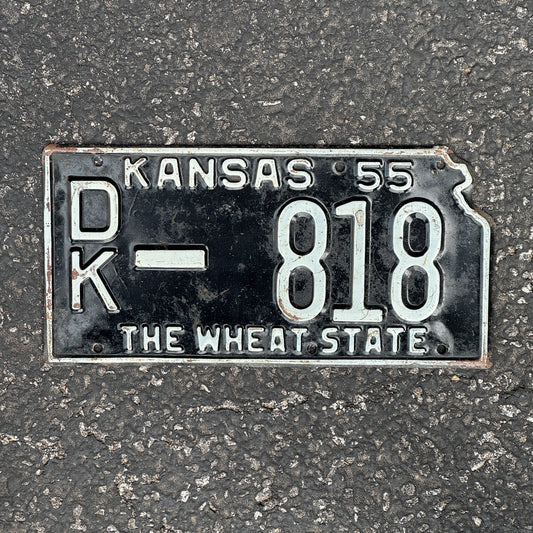 Photo of a 1955 Kansas License Plate Auto Tag Garage Decor Vintage State Shape DK 818 with original patina