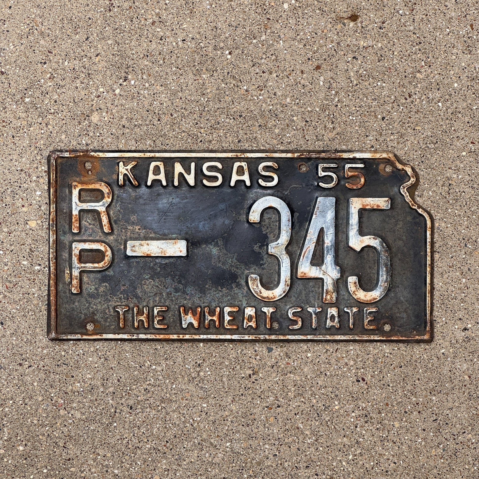 Photo of a 1955 Kansas License Plate Auto Tag Garage Decor Vintage State Shape RP 345