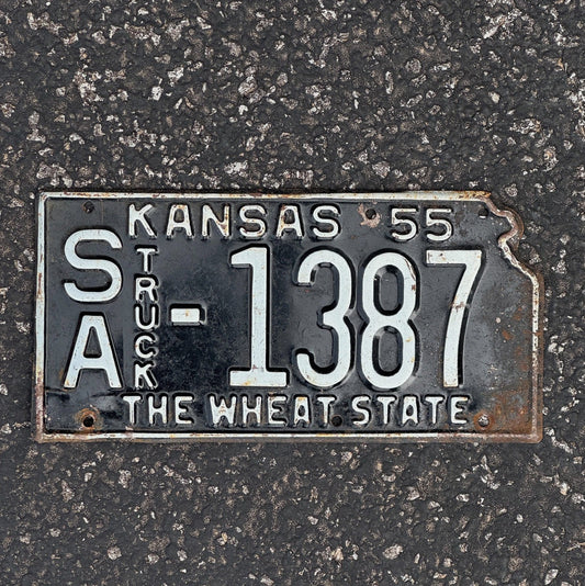 Photo of a 1955 Kansas Truck License Plate Auto Tag Garage Decor State Shape SA 1387