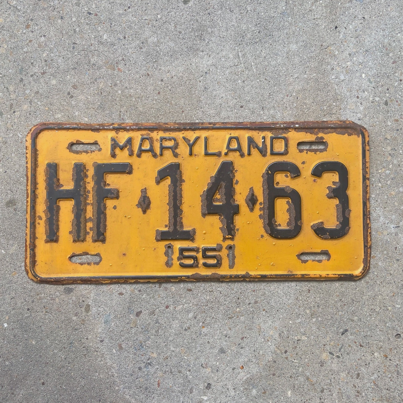 Photo of a 1955 Maryland License Plate Auto Tag Garage Decor Vintage HF 1463 with original patina