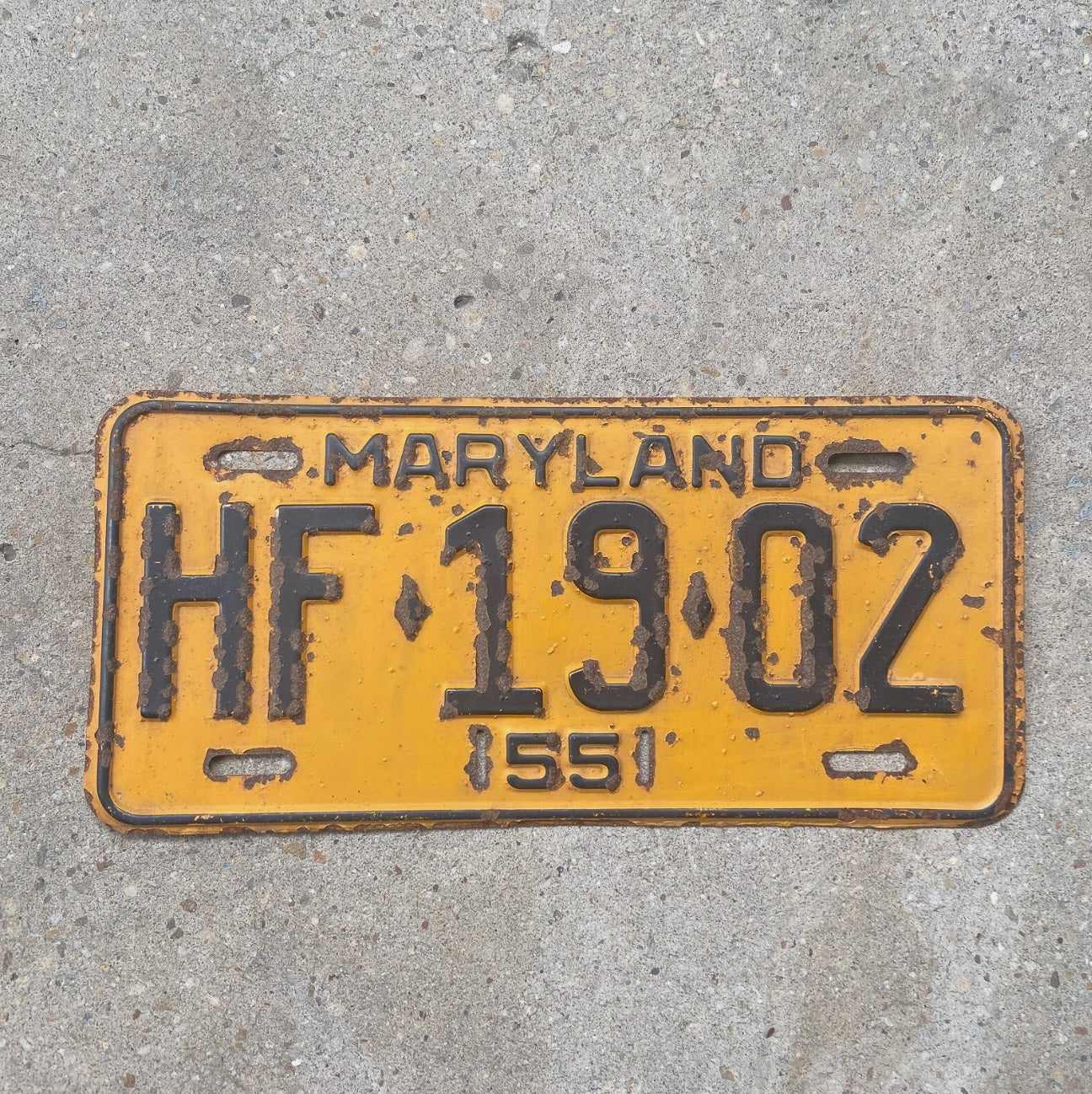 Photo of a 1955 Maryland License Plate Auto Tag Garage Decor Vintage HF 1902 with original patina