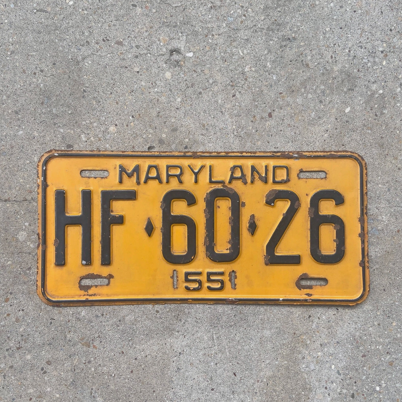 Photo of a 1955 Maryland License Plate Auto Tag Garage Decor Vintage HF 6026 with original patina