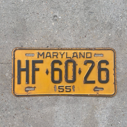 Photo of a 1955 Maryland License Plate Auto Tag Garage Decor Vintage HF 6026 with original patina