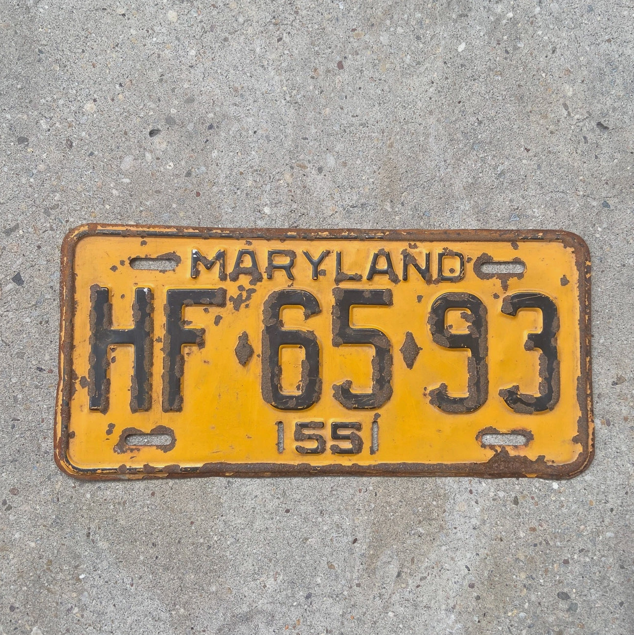 Photo of a 1955 Maryland License Plate Auto Tag Garage Decor Vintage HF 6593 with original patina