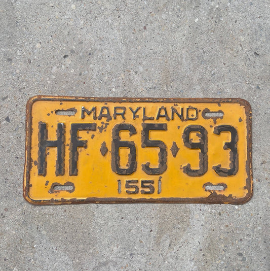 Photo of a 1955 Maryland License Plate Auto Tag Garage Decor Vintage HF 6593 with original patina