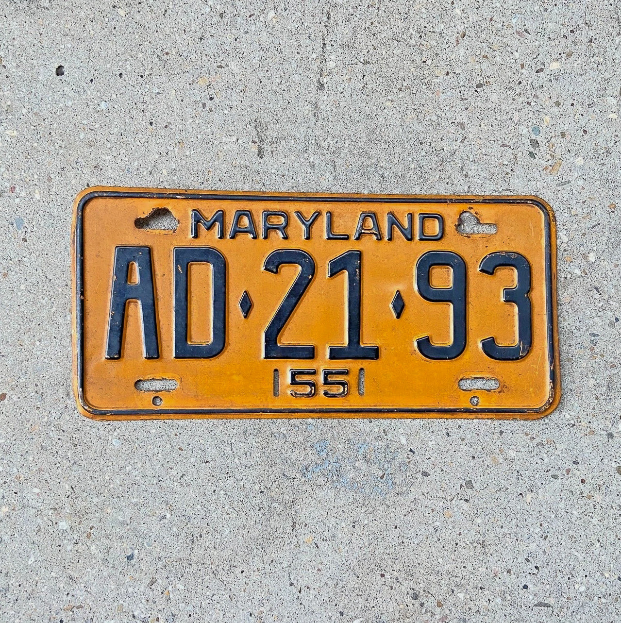 Photo of a 1955 Maryland License Plate Auto Tag Garage Decor Vintage Single Plate Year AD 21 93 with original patina