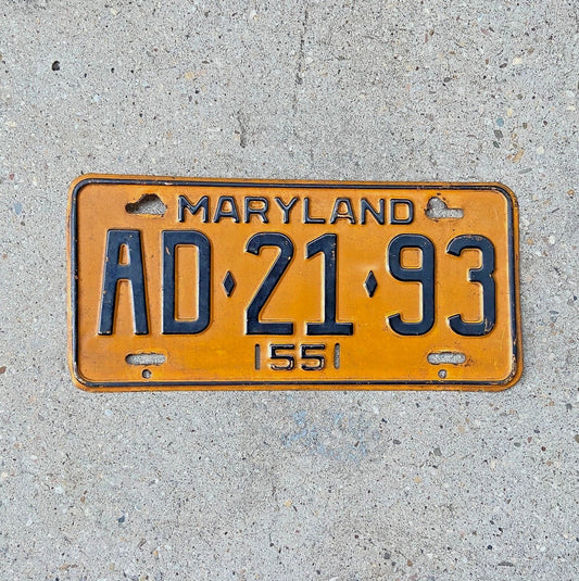 Photo of a 1955 Maryland License Plate Auto Tag Garage Decor Vintage Single Plate Year AD 21 93 with original patina