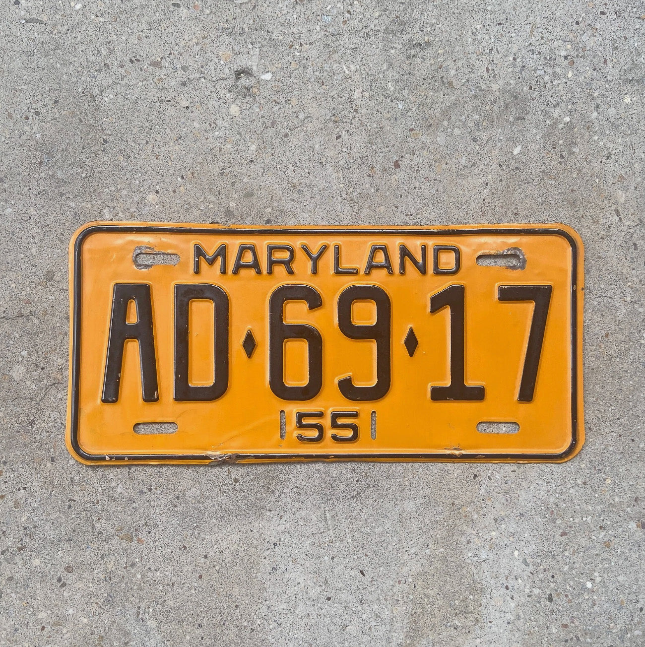Photo of a 1955 Maryland License Plate Auto Tag Garage Decor Vintage Single Plate Year AD 69 17 with original patina