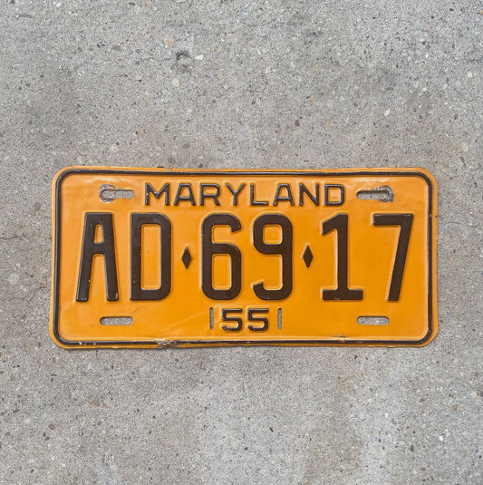 Photo of a 1955 Maryland License Plate Auto Tag Garage Decor Vintage Single Plate Year AD 69 17 with original patina
