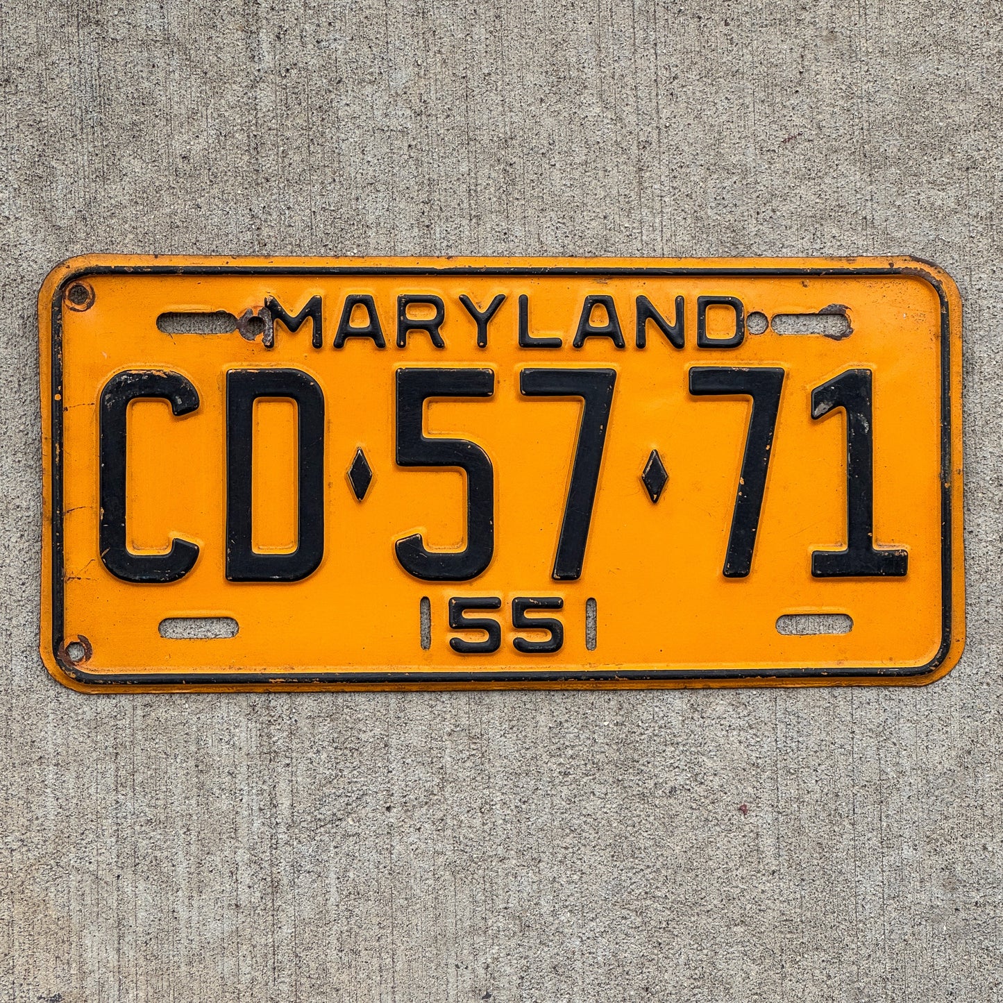 Photo of a 1955 Maryland License Plate Auto Tag Garage Decor Vintage Single Plate Year CD 57 71 with original patina