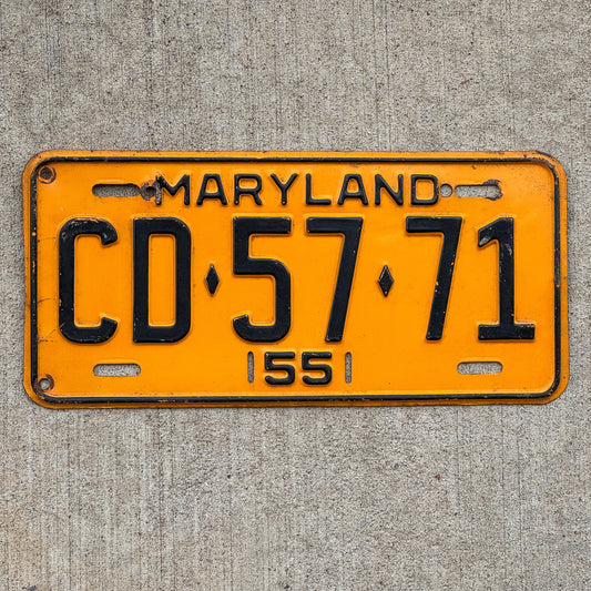 Photo of a 1955 Maryland License Plate Auto Tag Garage Decor Vintage Single Plate Year CD 57 71 with original patina