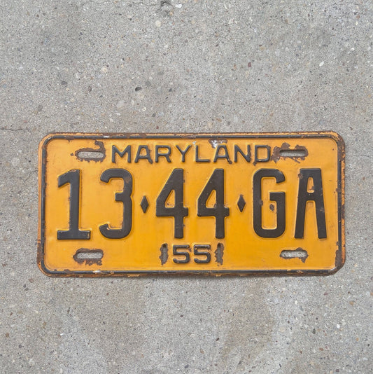 Photo of a 1955 Maryland Trailer License Plate Auto Tag Garage Decor Vintage 1344 GA with original patina