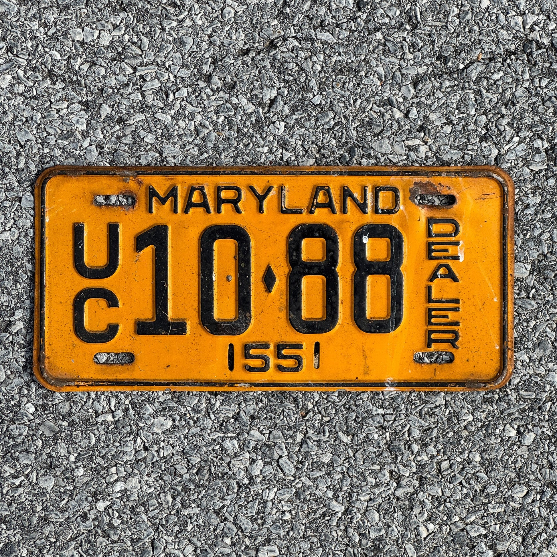 Photo of a 1955 Maryland Used Car Dealer License Plate Auto Tag Garage Decor Vintage UC 1088
