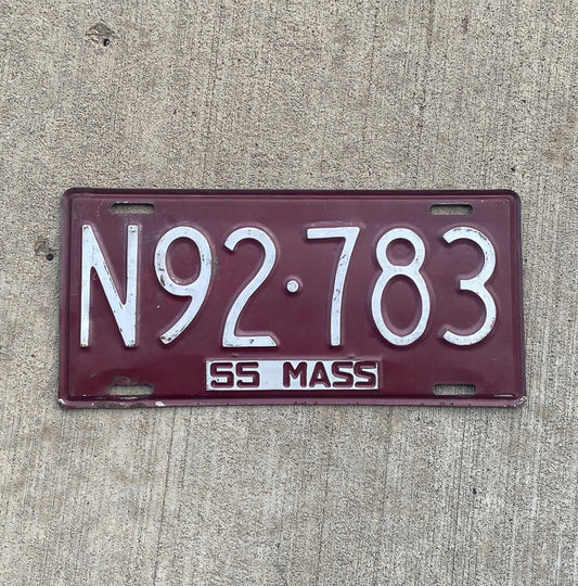 Photo of a 1955 Massachusetts License Plate Auto Tag Garage Decor Vintage 1956 N Prefix N 92 783 with original patina