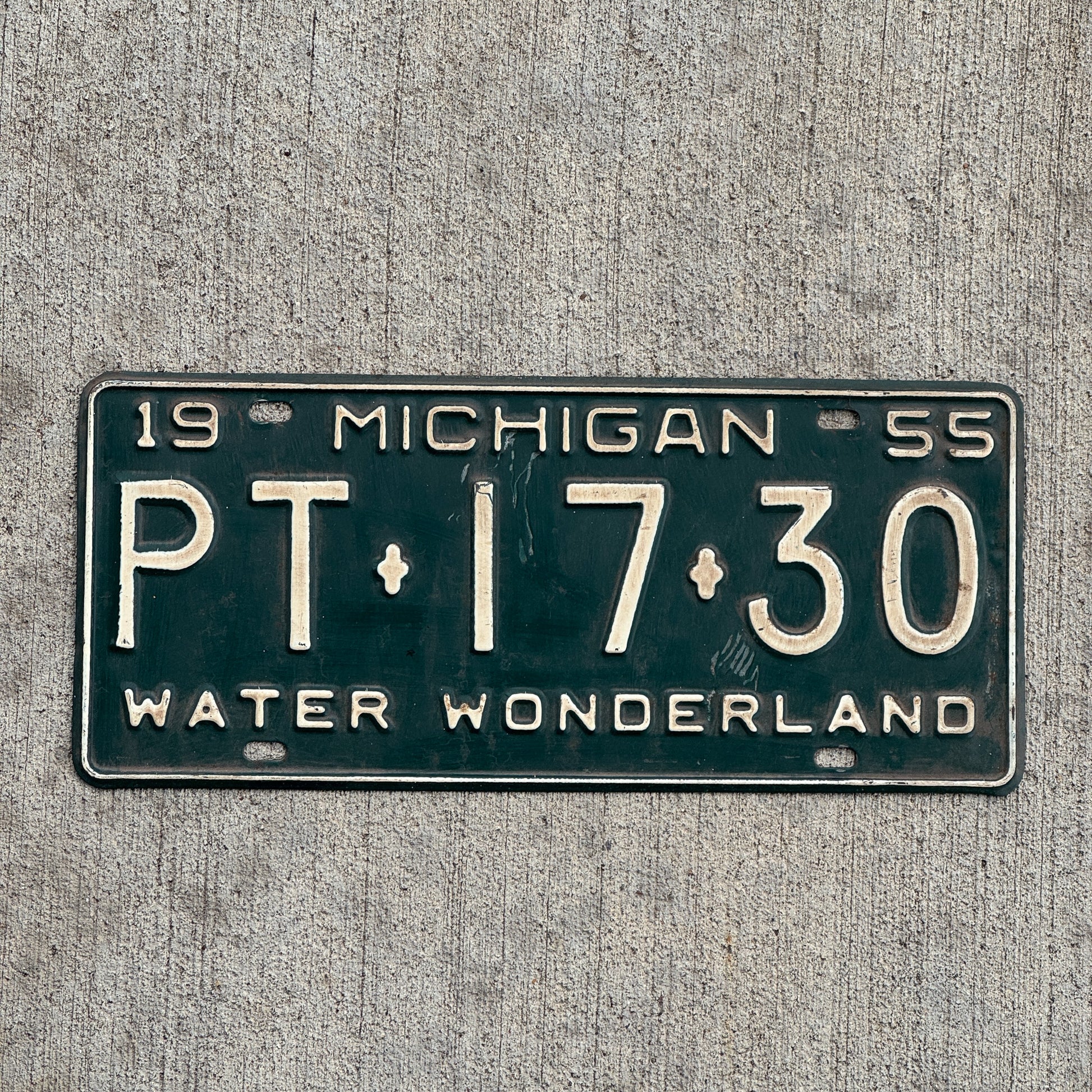 Photo of a 1955 Michigan License Plate Auto Tag Garage Decor Vintage PT 17 30 with original patina