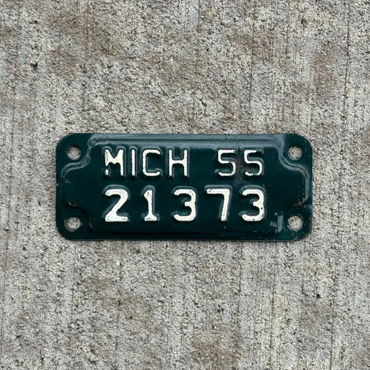Photo of a 1955 Michigan Motorcycle License Plate Auto Tag Garage Decor Vintage 21373 with original patina