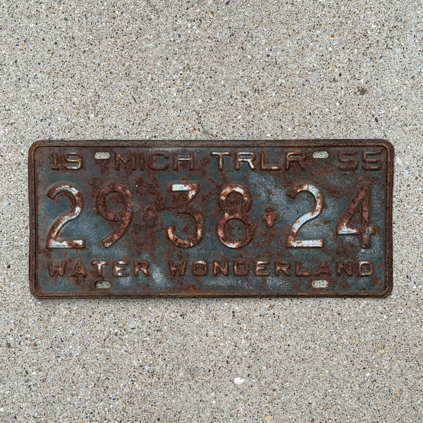 Photo of a 1955 Michigan Trailer License Plate Auto Tag Garage Decor Vintage 29 38 24 with original patina