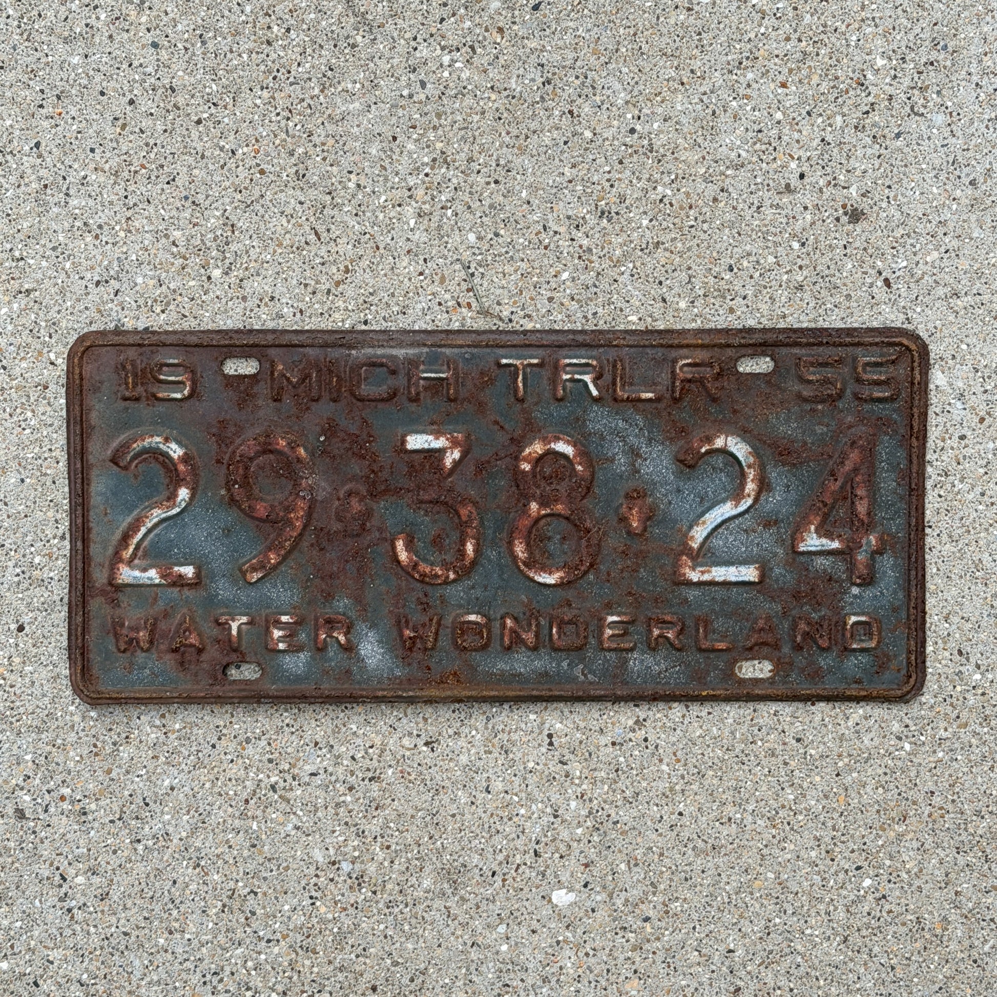 Photo of a 1955 Michigan Trailer License Plate Auto Tag Garage Decor Vintage 29 38 24 with original patina
