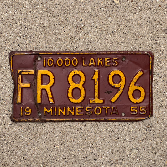 Photo of a 1955 Minnesota License Plate Auto Tag Garage Decor Vintage FR 8196 with original patina
