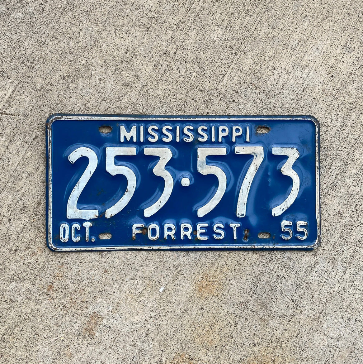 Photo of a 1955 Mississippi License Plate Auto Tag Garage Decor Vintage 253 573 with original patina