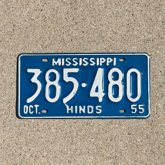 Photo of a 1955 Mississippi License Plate Auto Tag Garage Decor Vintage 385 480 with original patina