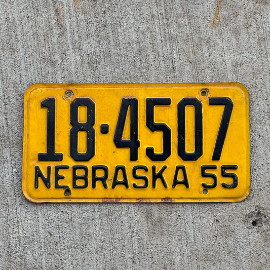 Photo of a 1955 Nebraska License Plate Auto Tag Garage Decor Vintage 18 4507 with original patina