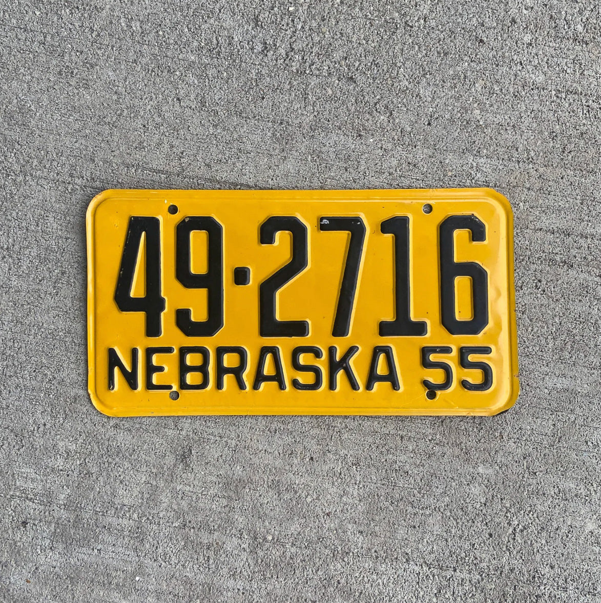 Photo of a 1955 Nebraska License Plate Auto Tag Garage Decor Vintage High Quality 49 2716 with original patina