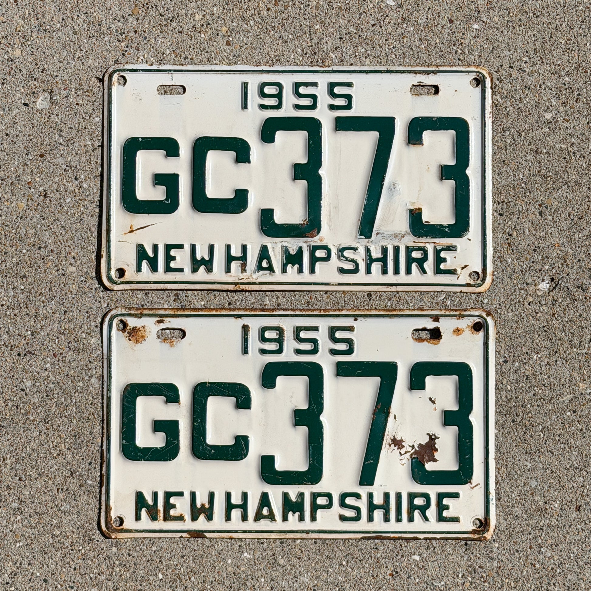 Photo of a 1955 New Hampshire License Plate Pair Auto Tag Garage Decor Vintage GC 373 with original patina