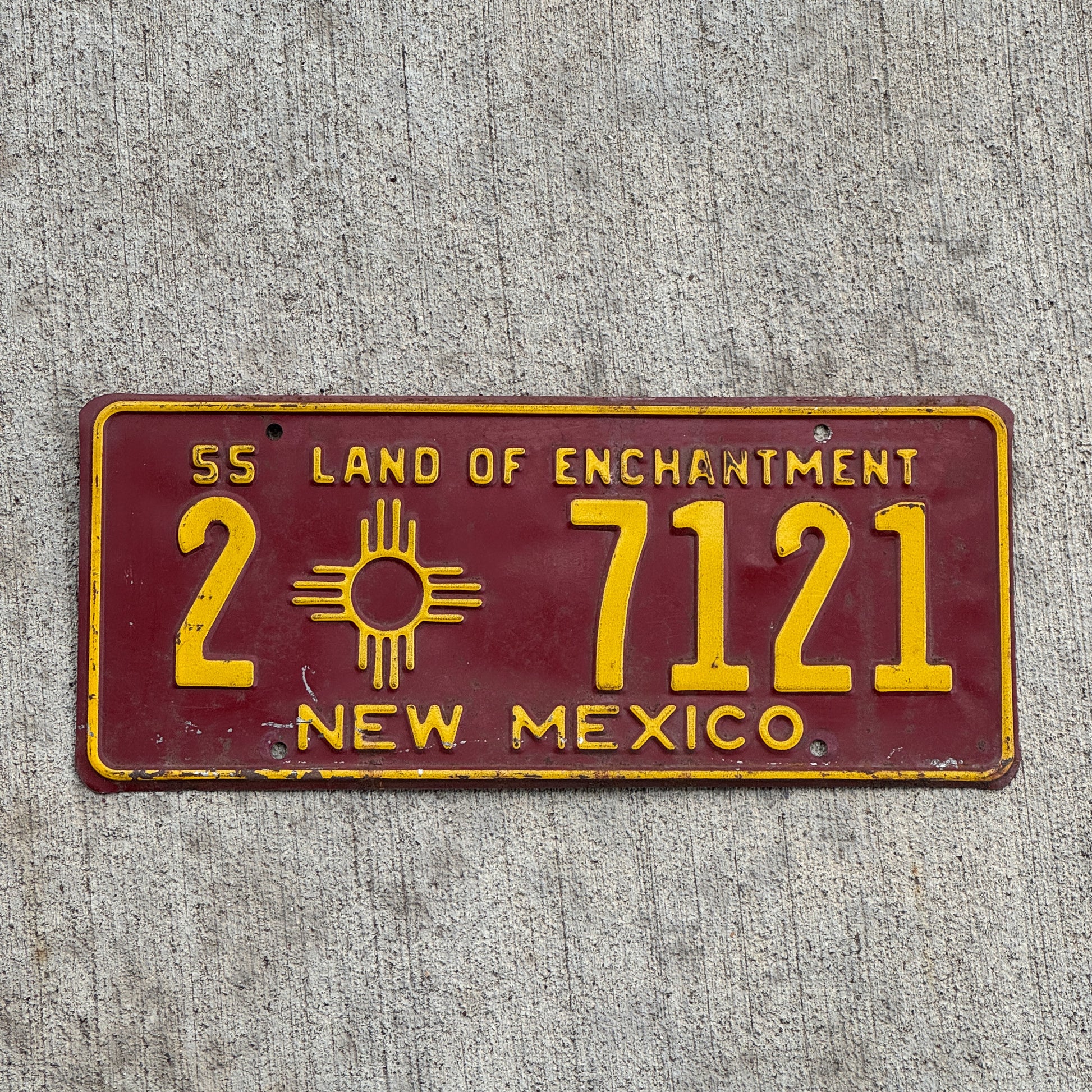 Photo of a 1955 New Mexico License Plate Auto Tag Garage Decor Vintage 2 7121 with original patina