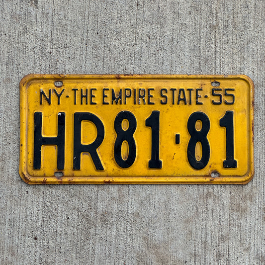 Photo of a 1955 New York License Plate Auto Tag Garage Decor Vintage Repeat Repeating HR 81 81 with original patina