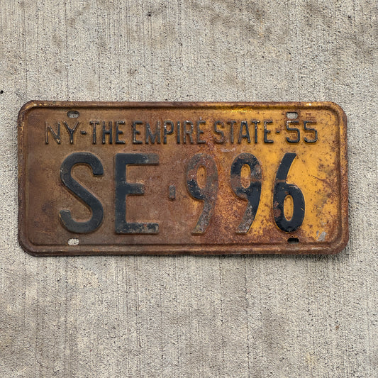 Photo of a 1955 New York License Plate Auto Tag Garage Decor Vintage SE 996 with original patina