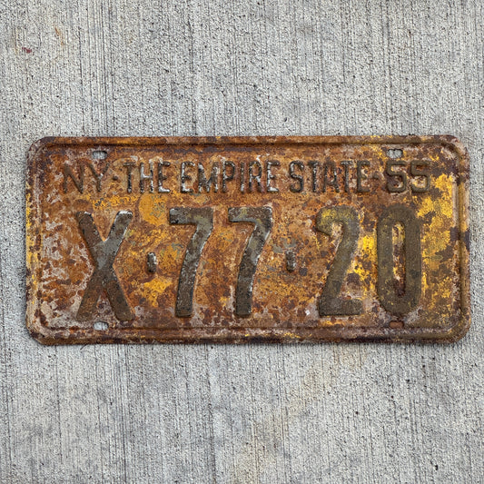Photo of a 1955 New York License Plate Auto Tag Garage Decor Vintage X 77 20 with original patina