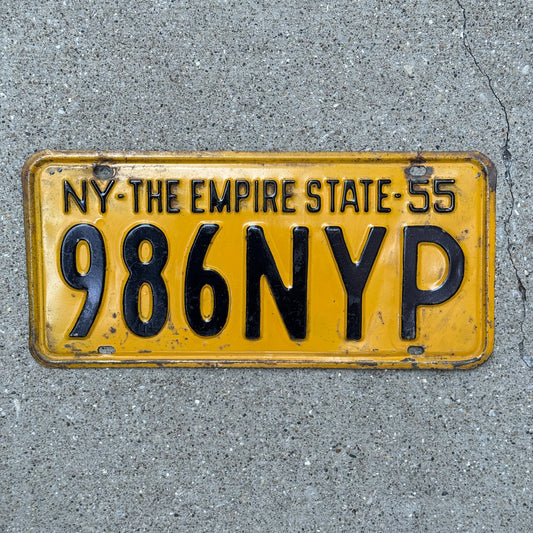 Photo of a 1955 New York Press License Plate Auto Tag Garage Decor Vintage Journalist News Paper 986 NYP with original patina