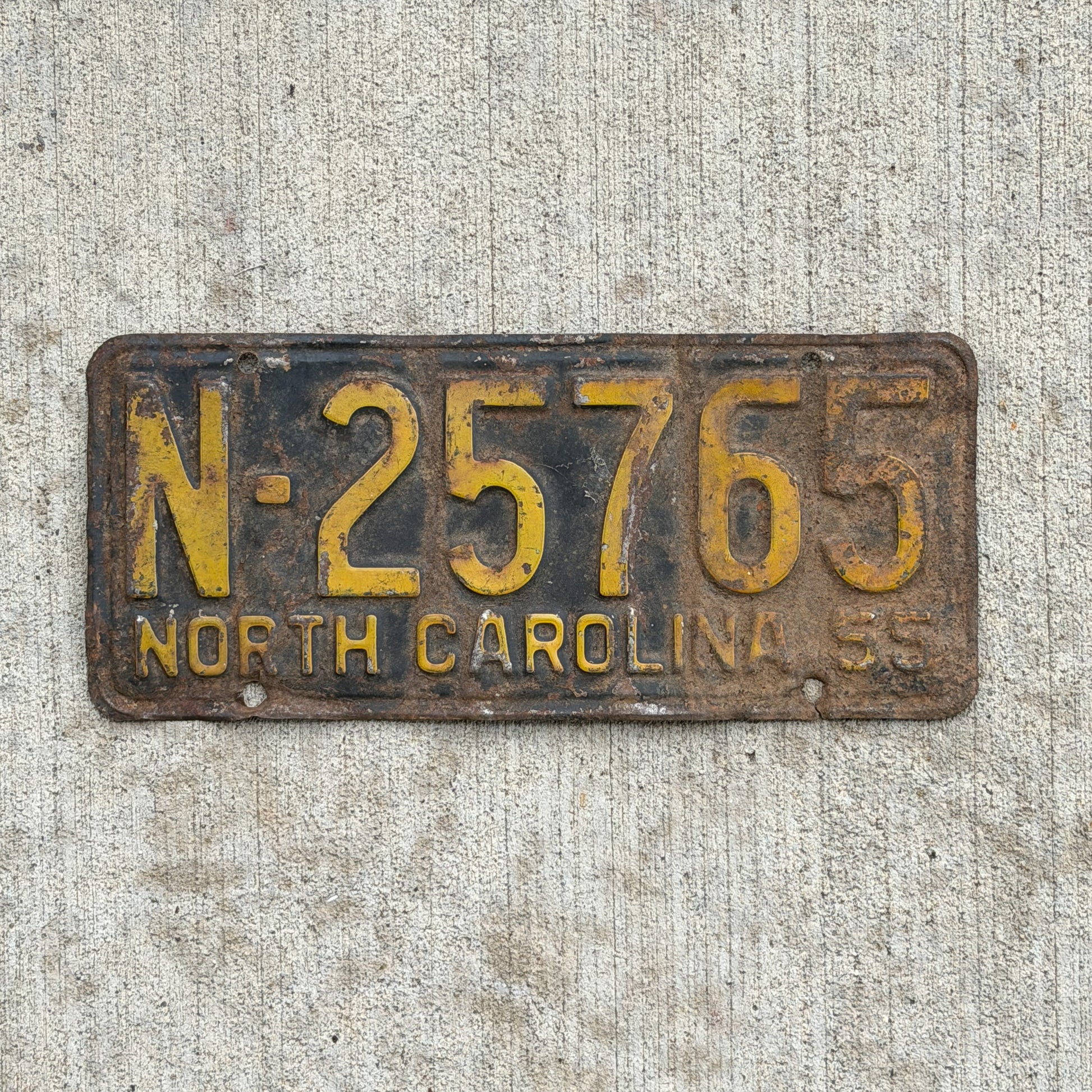 Photo of a 1955 North Carolina License Plate Auto Tag Garage Decor Vintage N 25765 with original patina