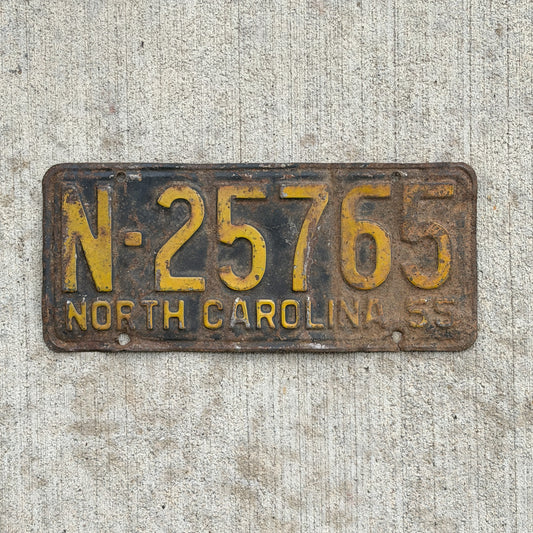 Photo of a 1955 North Carolina License Plate Auto Tag Garage Decor Vintage N 25765 with original patina