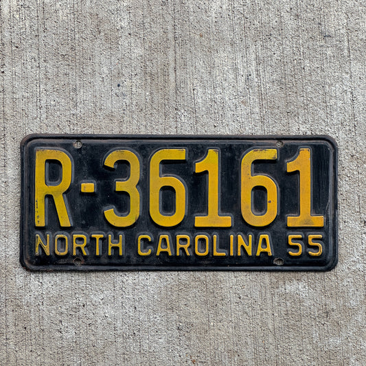 Photo of a 1955 North Carolina License Plate Auto Tag Garage Decor Vintage R 36161 with original patina