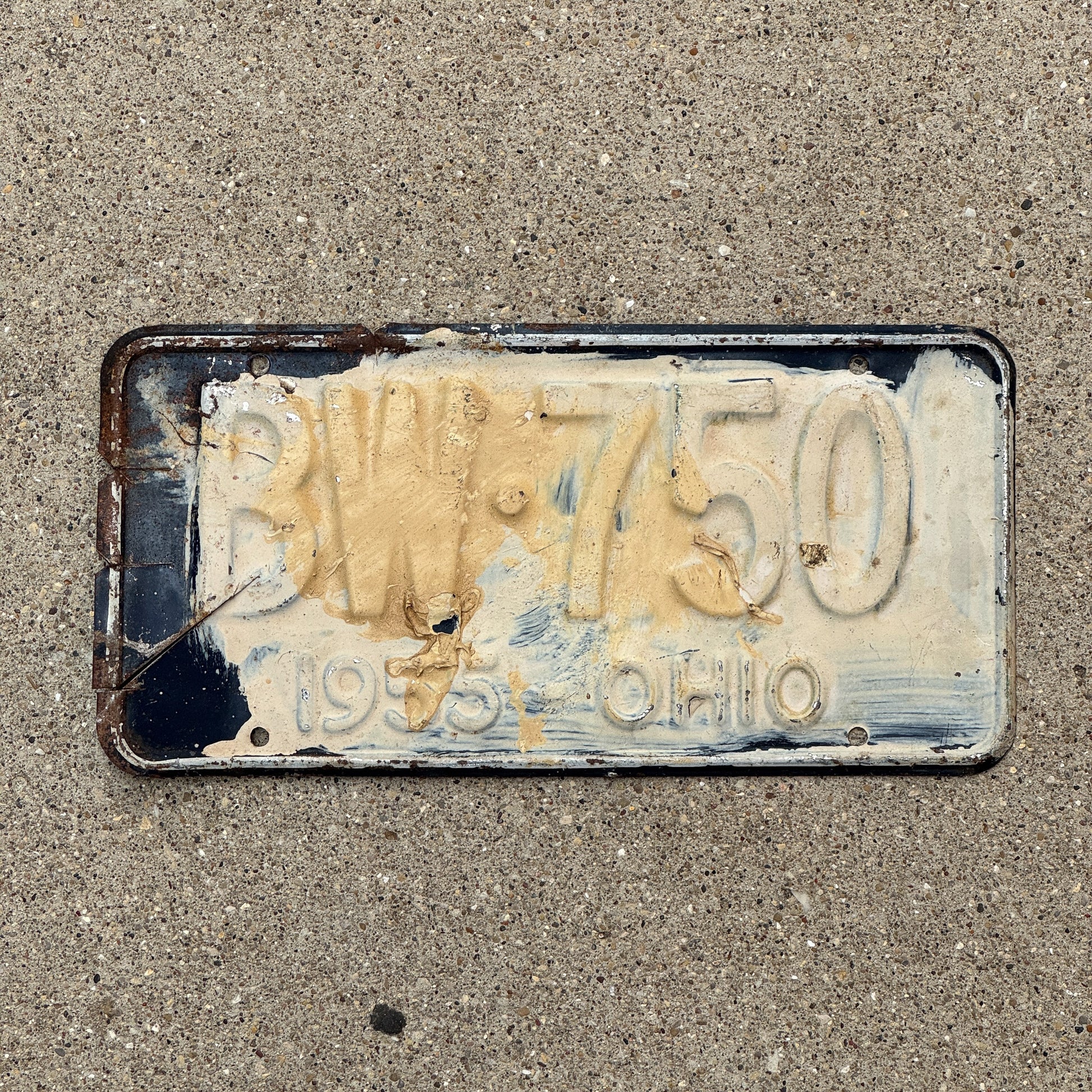 Photo of a 1955 Ohio License Plate Auto Tag 1 Vintage Garage BW 750 with original patina