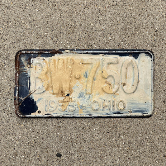 Photo of a 1955 Ohio License Plate Auto Tag 1 Vintage Garage BW 750 with original patina