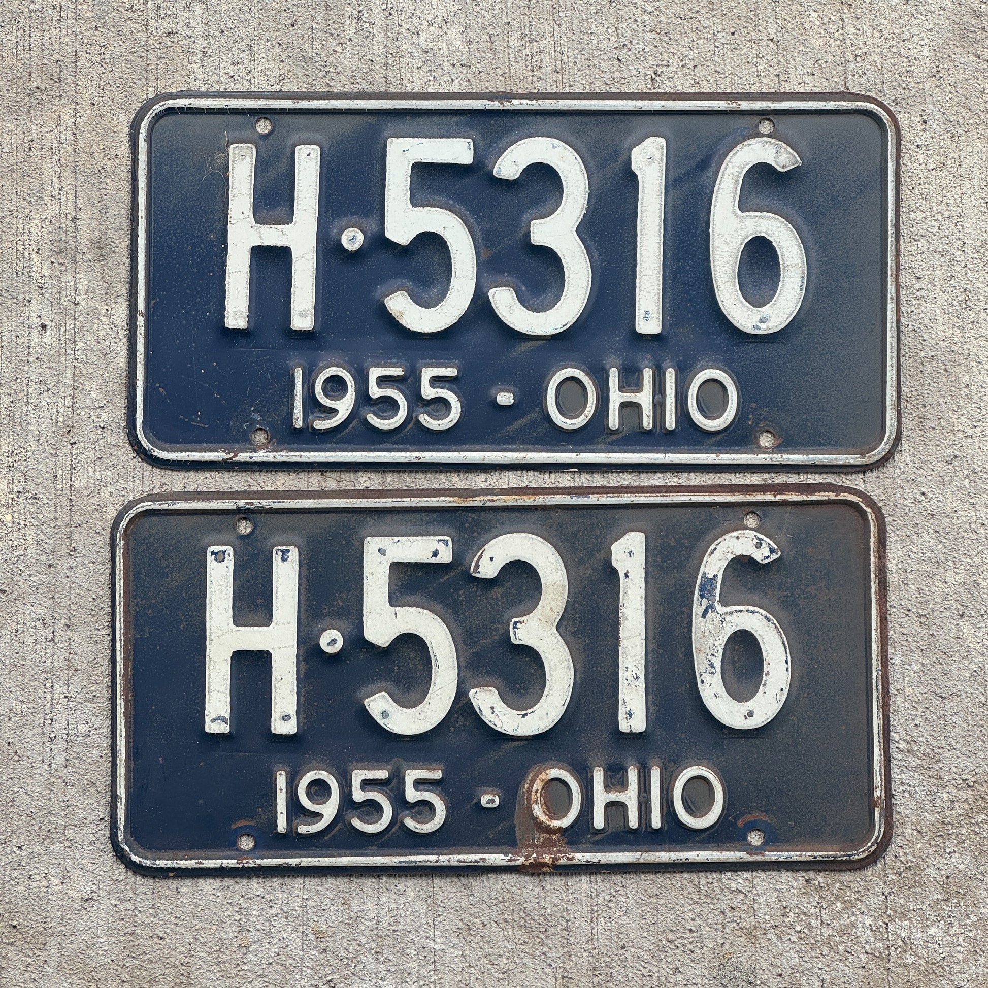 Photo of a 1955 Ohio License Plate Pair Auto Tag Garage Decor Vintage H 5316 with original patina