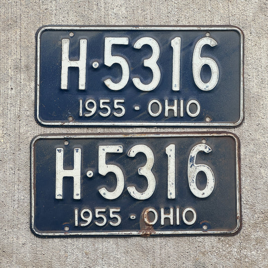 Photo of a 1955 Ohio License Plate Pair Auto Tag Garage Decor Vintage H 5316 with original patina