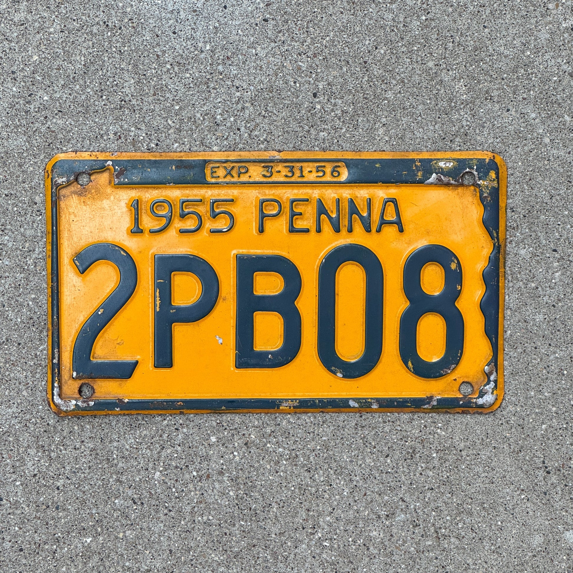 Photo of a 1955 Pennsylvania License Plate Auto Tag Garage Decor Vintage 2 PB 08 with original patina