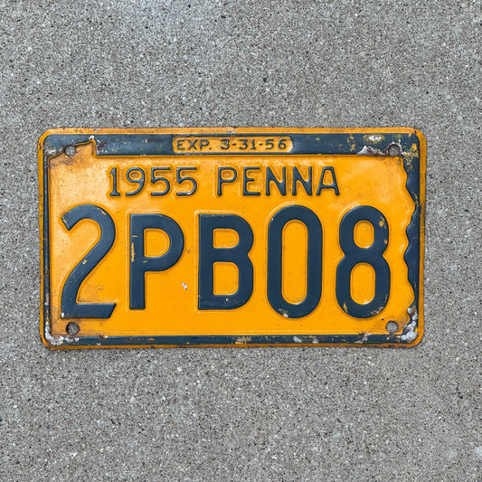 Photo of a 1955 Pennsylvania License Plate Auto Tag Garage Decor Vintage 2 PB 08 with original patina