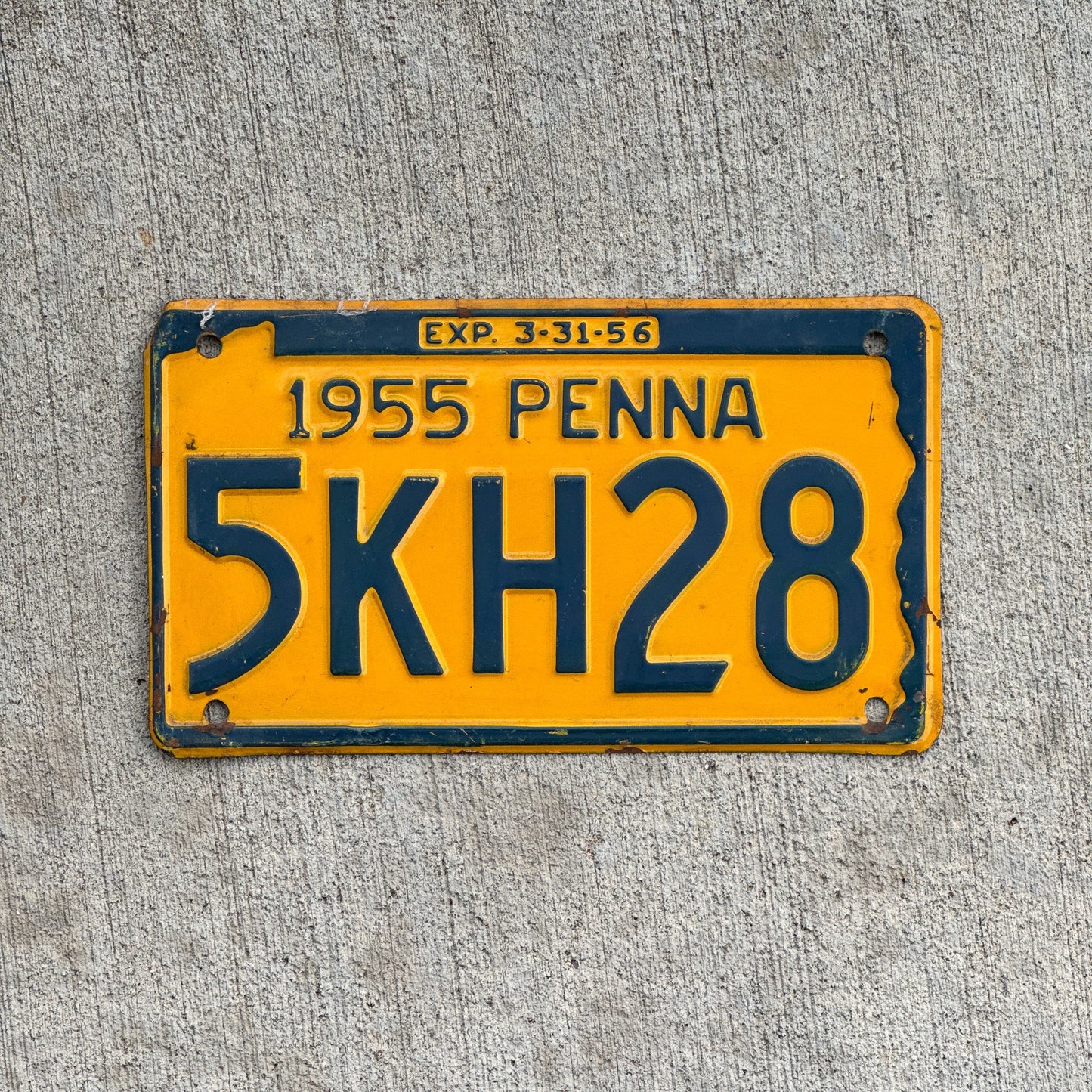 Photo of a 1955 Pennsylvania License Plate Auto Tag Garage Decor Vintage 5 KH 28 with original patina
