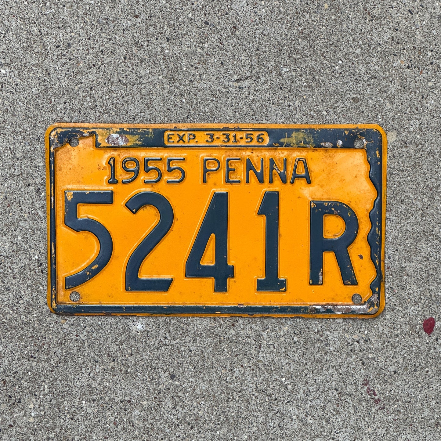 Photo of a 1955 Pennsylvania License Plate Auto Tag Garage Decor Vintage 5241 R with original patina