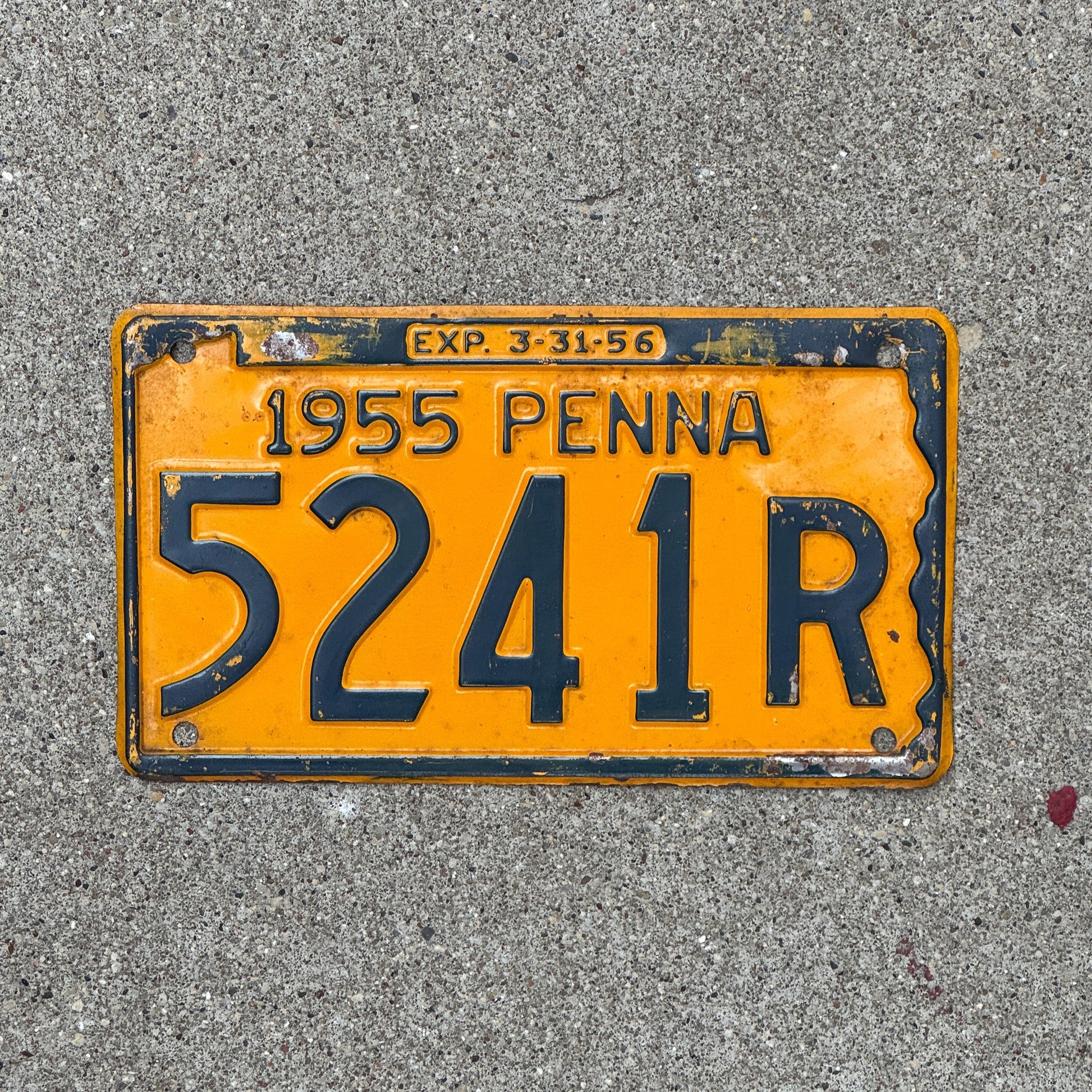 Photo of a 1955 Pennsylvania License Plate Auto Tag Garage Decor Vintage 5241 R with original patina