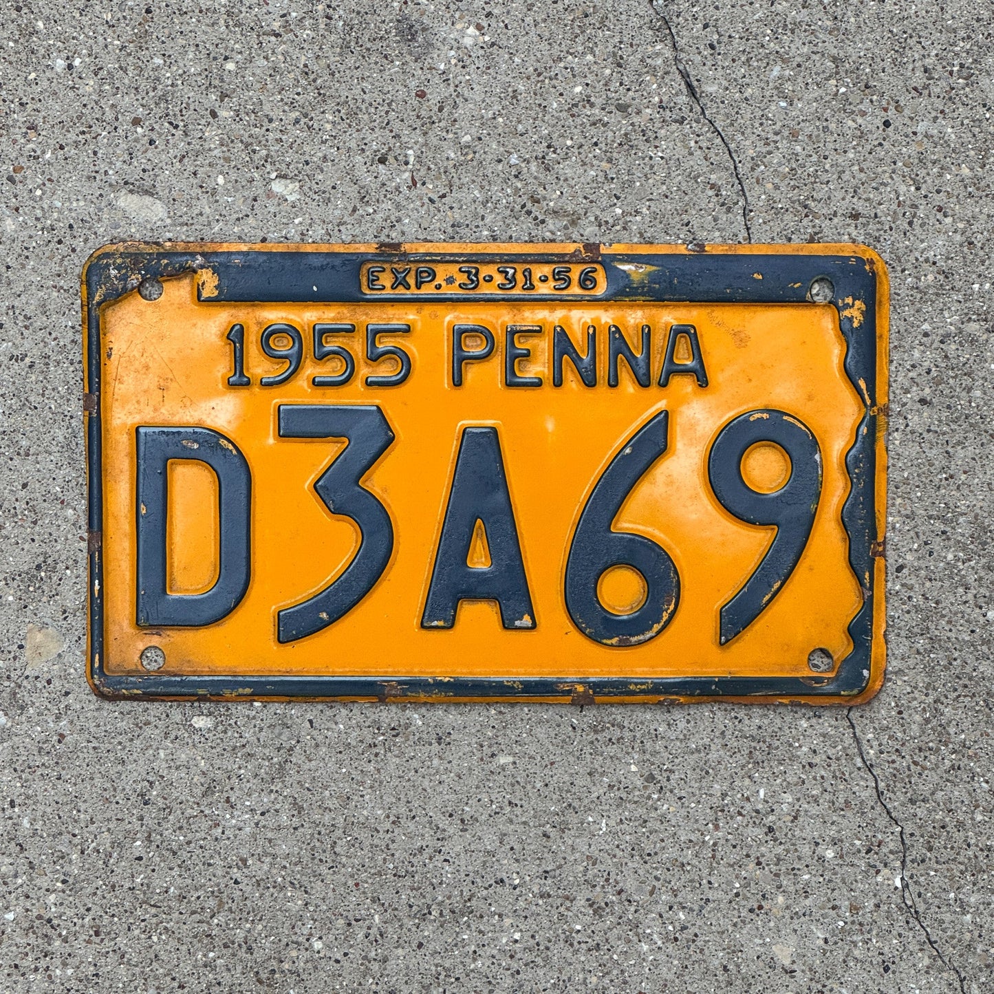 Photo of a 1955 Pennsylvania License Plate Auto Tag Garage Decor Vintage D3A 69 with original patina