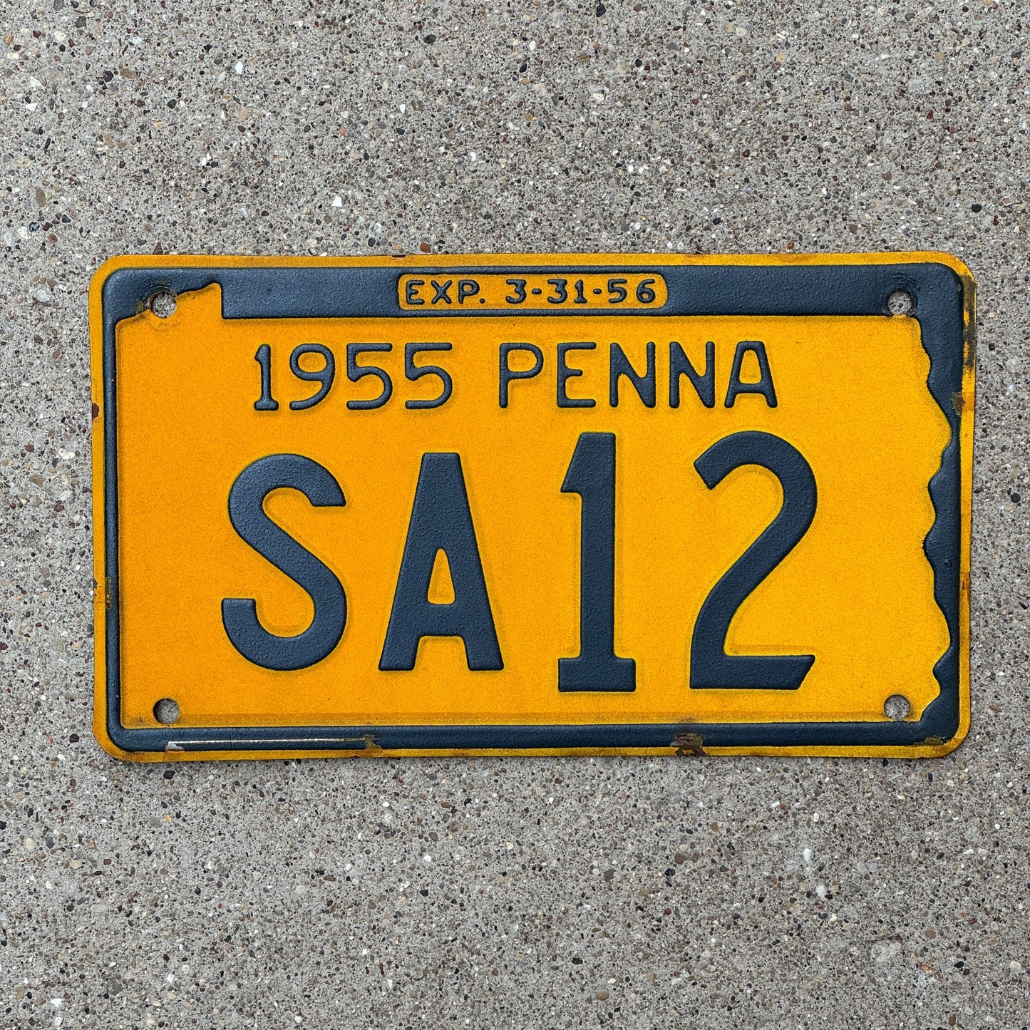 Photo of a 1955 Pennsylvania Prototype License Plate Auto Tag Garage Decor Vintage Reflective Paint ALPCA Archive Example SA 12 with original patina