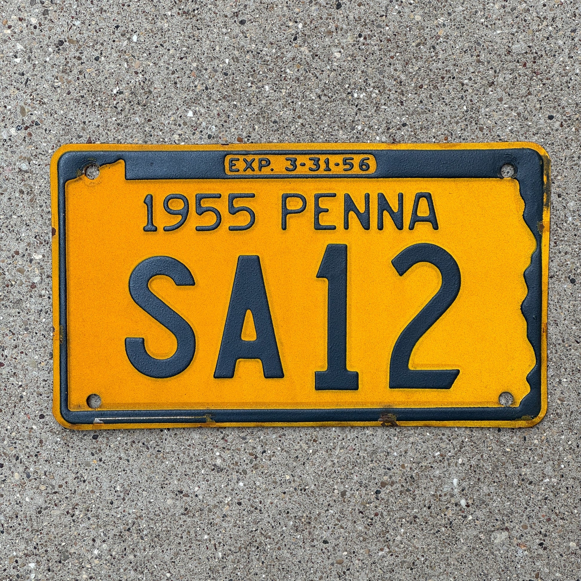 Photo of a 1955 Pennsylvania Prototype License Plate Auto Tag Garage Decor Vintage Reflective Paint ALPCA Archive Example SA 12 with original patina